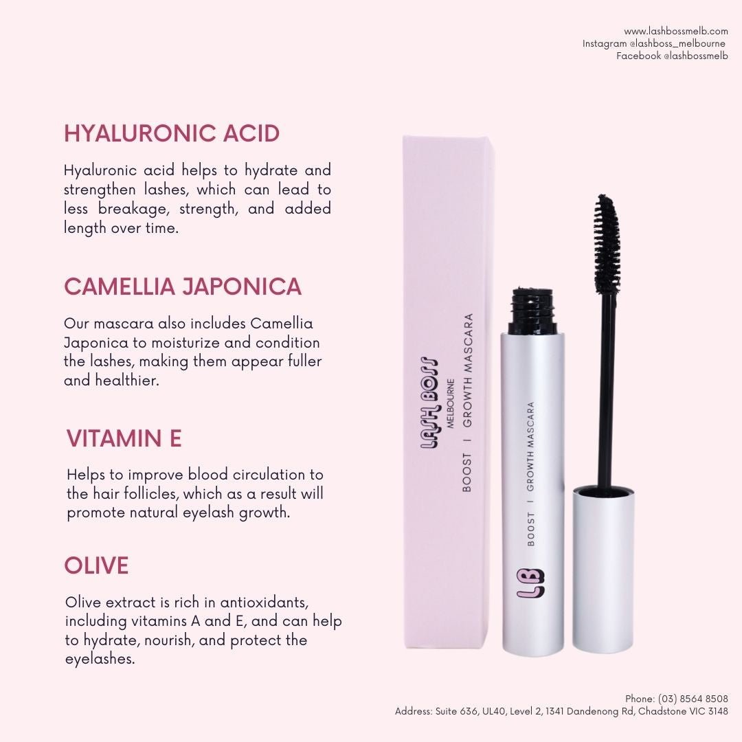 Lash Boss Melbourne's 'Boost' growth mascara, featuring ingredients to help grow natural eyelashes