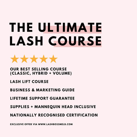 The ultimate lash course, including a classic and volume course, lash lift course, all supplies and mannequin head. Study in person or at home with Lash Boss Melbourne